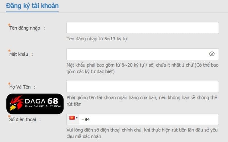 Điền thông tin vào biểu mẫu đăng ký DAGA68 Điền thông tin vào biểu mẫu đăng ký DAGA68